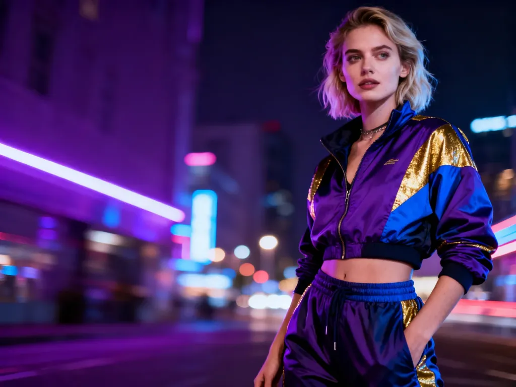 Pewna siebie kobieta w modnej stylizacji streetwearowej na tle neonowego, nocnego miasta, uosabiająca estetykę baddie.